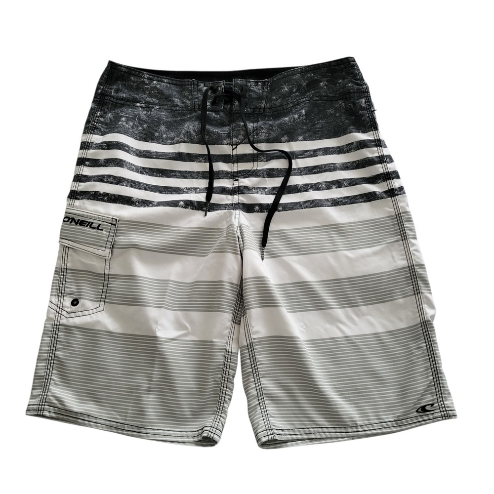 O'Neill Board Shorts Mens 29 Striped Black Gray White Swim Beach Summer Leisure
